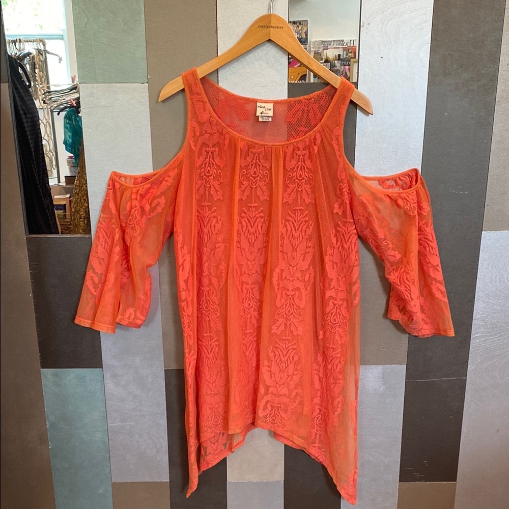 XCVI Vintage 90s Y2K Women's Cold Shoulder Lace Mesh Orange Top, Boho Fairycore